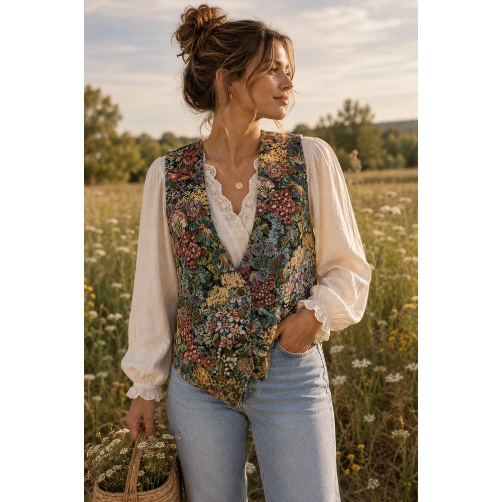 Vintage FLATI USA Large Floral Tapestry Vest Cottagecore Boho Button Front